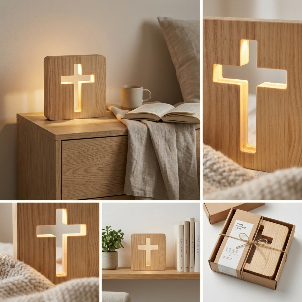 Customer lifestyle collage of the Hand of God RGB Cross Lamp